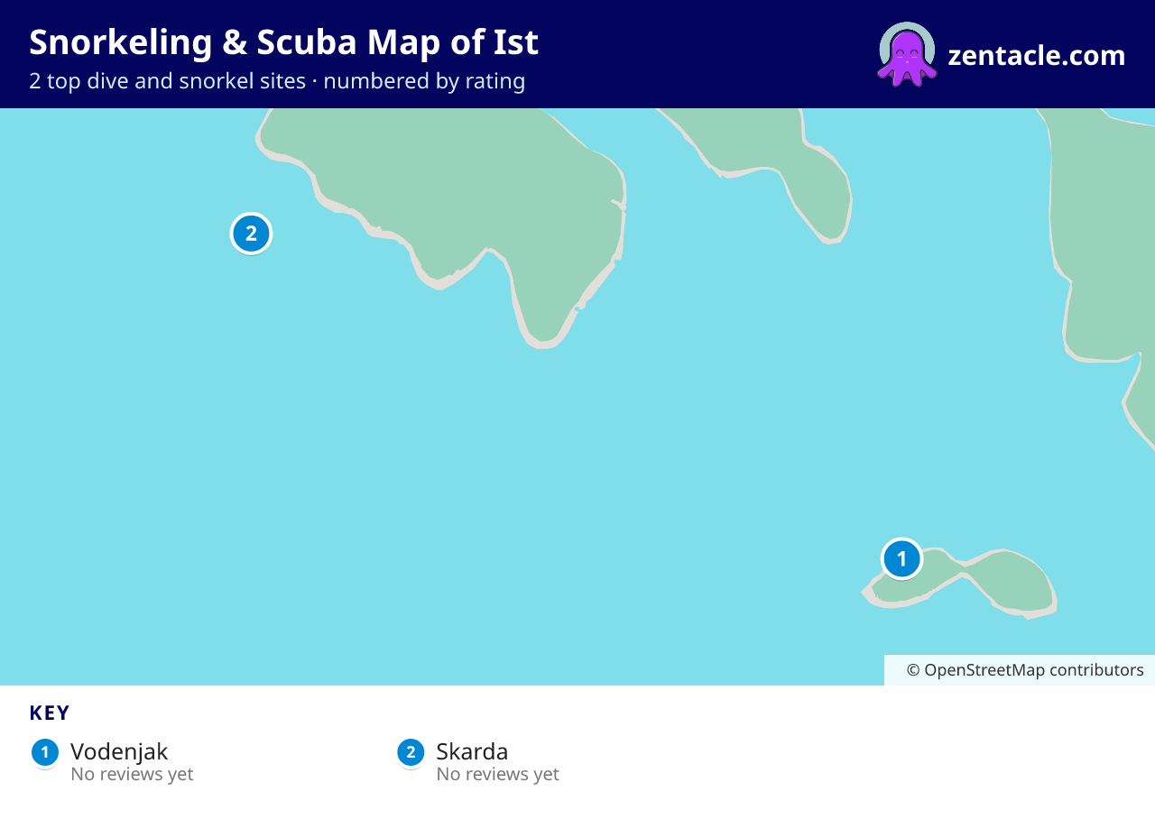 Snorkeling & Scuba Map of Ist: numbered map of the top 2 dive and snorkel sites, with ratings