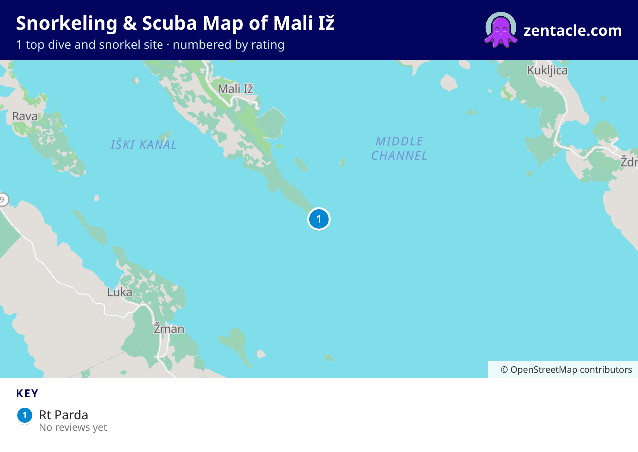 Snorkeling & Scuba Map of Mali Iž: numbered map of the top 1 dive and snorkel sites, with ratings