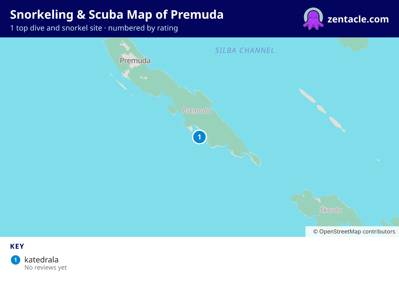 Snorkeling & Scuba Map of Premuda: numbered map of the top 1 dive and snorkel sites, with ratings