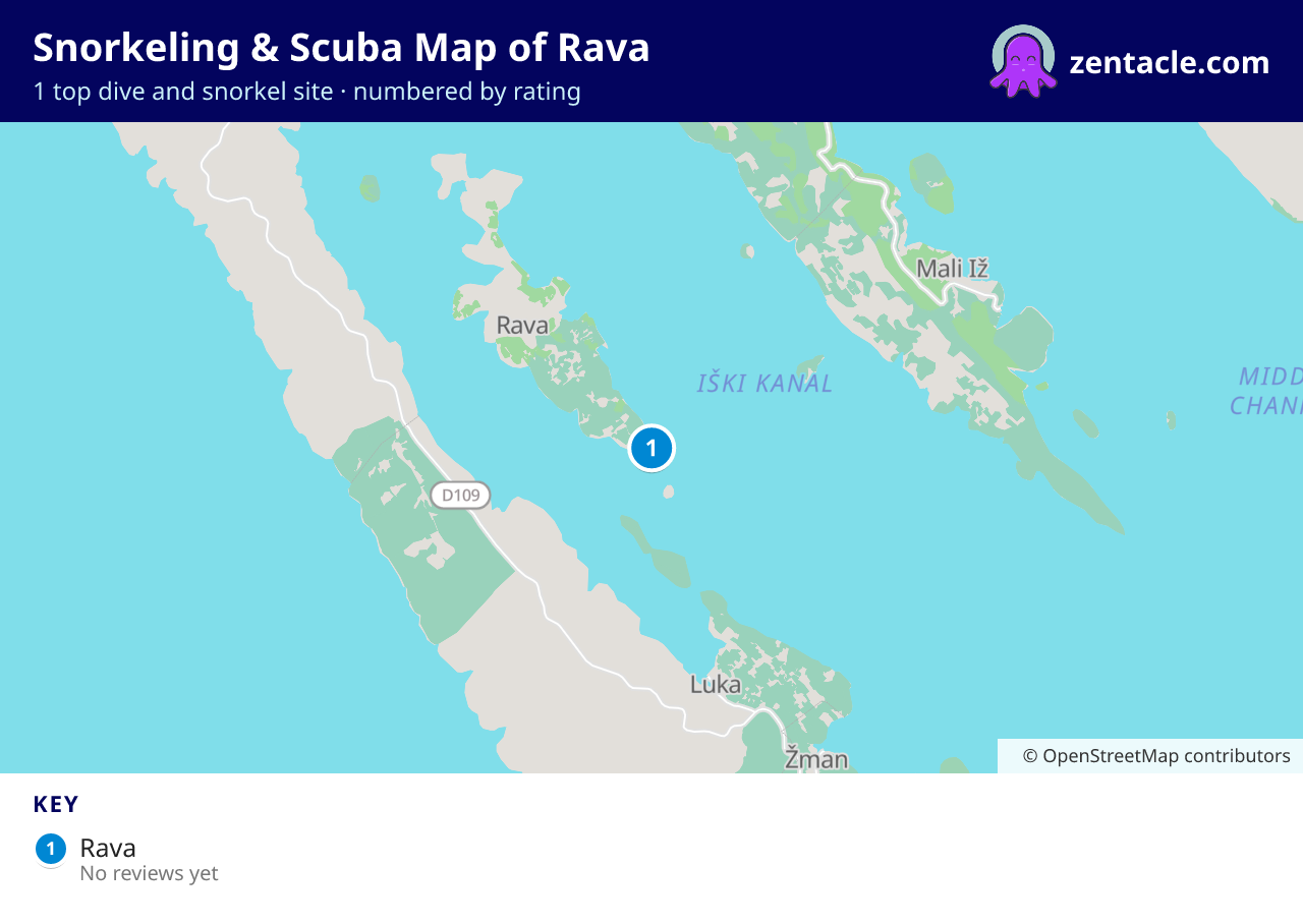 Snorkeling & Scuba Map of Rava: numbered map of the top 1 dive and snorkel sites, with ratings