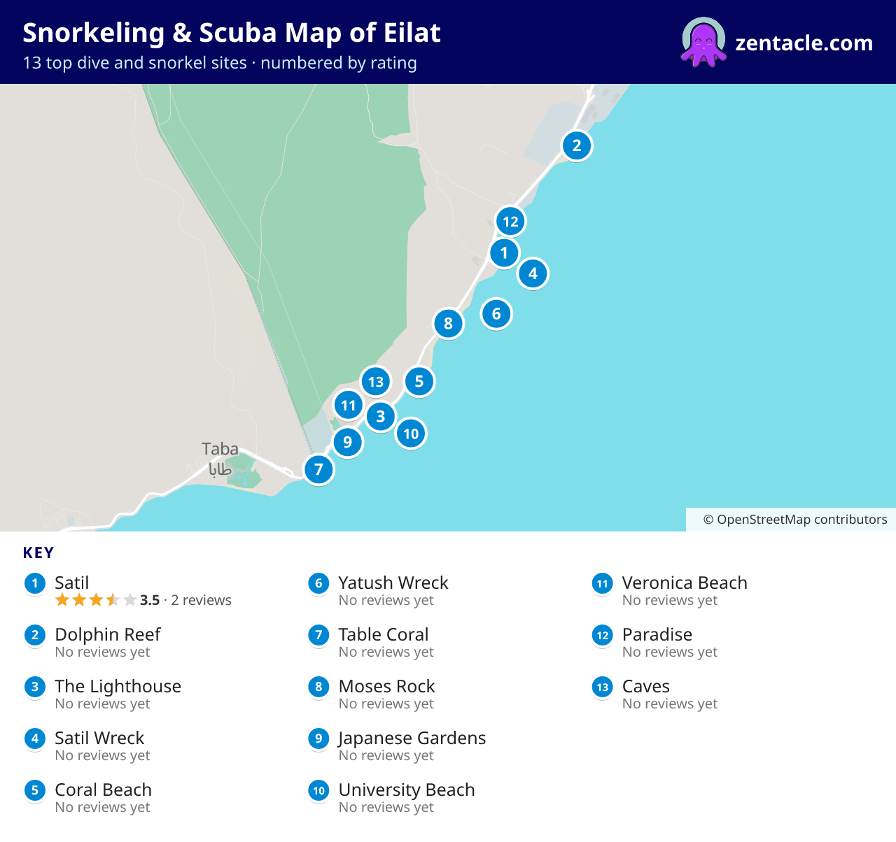 Snorkeling & Scuba Map of Eilat: numbered map of the top 13 dive and snorkel sites, with ratings