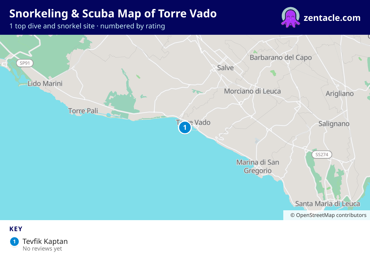 Snorkeling & Scuba Map of Torre Vado: numbered map of the top 1 dive and snorkel sites, with ratings