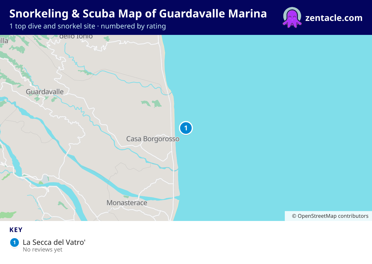 Snorkeling & Scuba Map of Guardavalle Marina: numbered map of the top 1 dive and snorkel sites, with ratings
