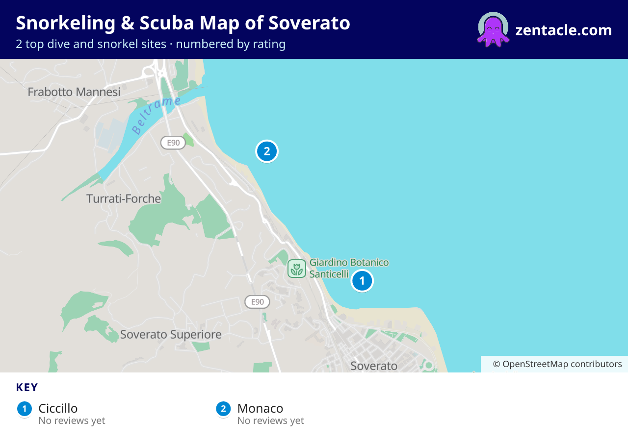 Snorkeling & Scuba Map of Soverato: numbered map of the top 2 dive and snorkel sites, with ratings