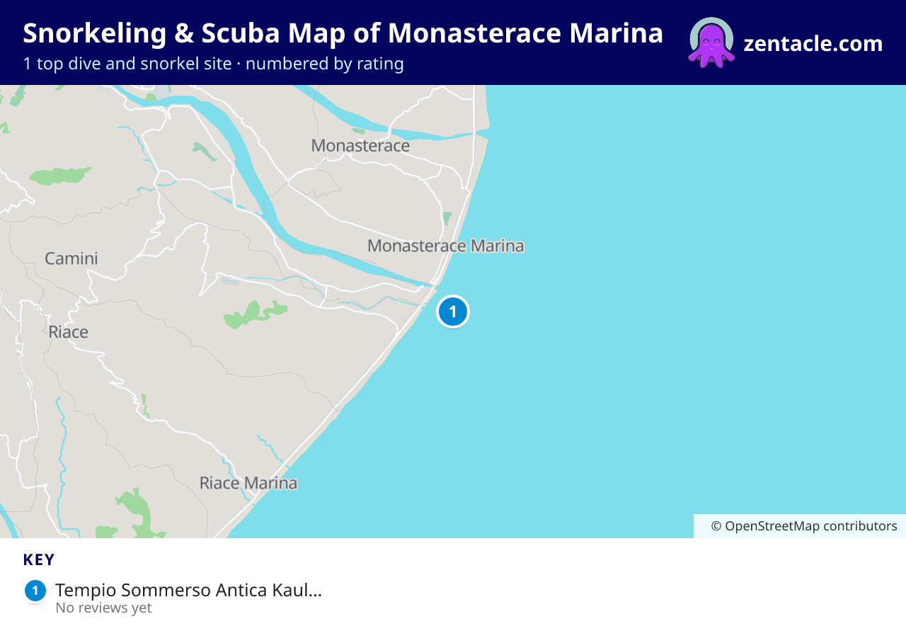 Snorkeling & Scuba Map of Monasterace Marina: numbered map of the top 1 dive and snorkel sites, with ratings