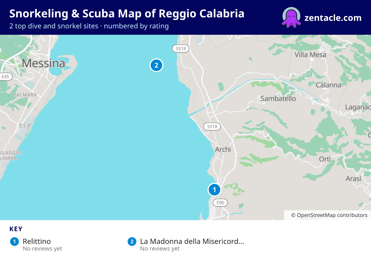 Snorkeling & Scuba Map of Reggio Calabria: numbered map of the top 2 dive and snorkel sites, with ratings