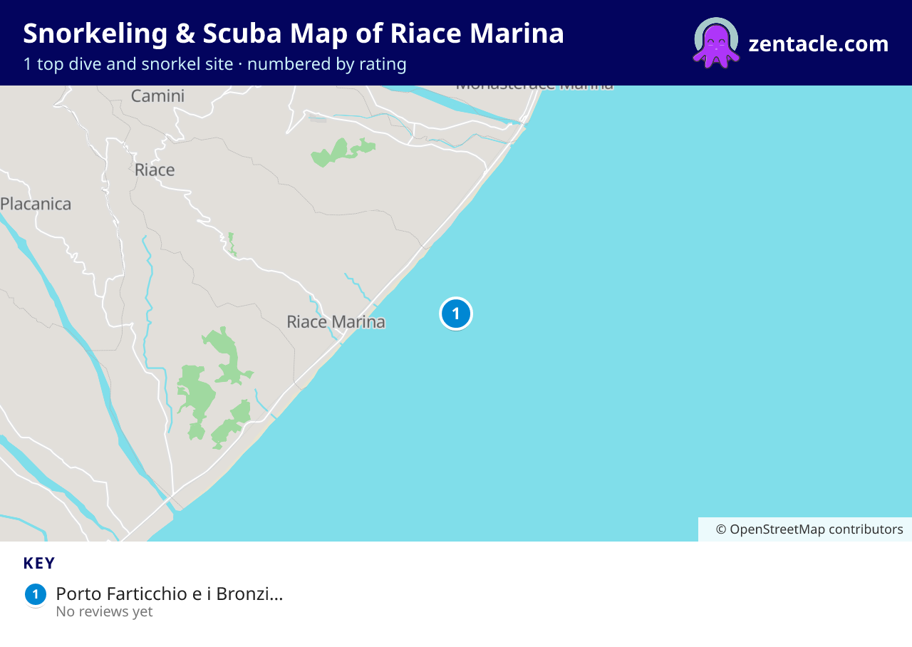 Snorkeling & Scuba Map of Riace Marina: numbered map of the top 1 dive and snorkel sites, with ratings
