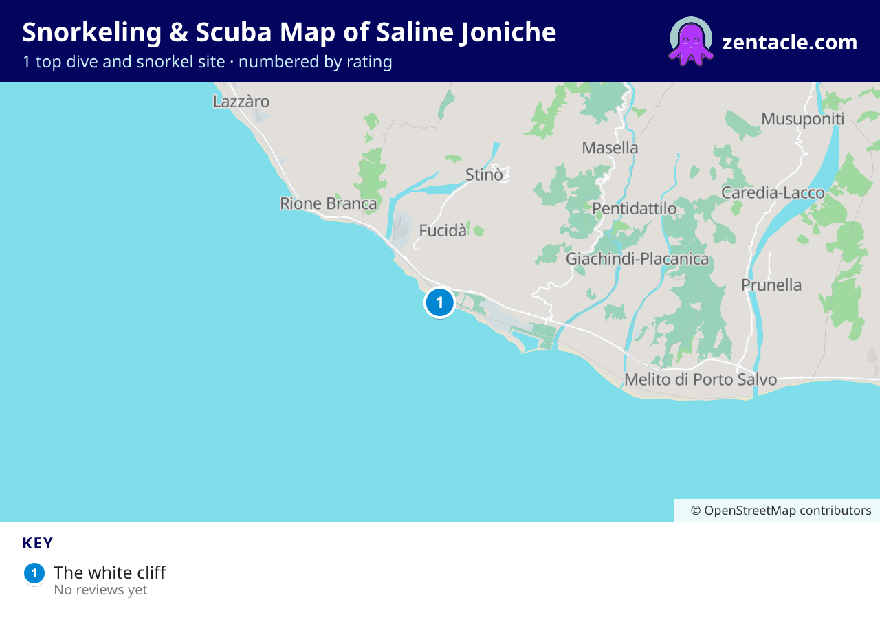 Snorkeling & Scuba Map of Saline Joniche: numbered map of the top 1 dive and snorkel sites, with ratings