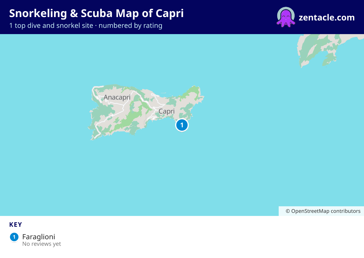 Snorkeling & Scuba Map of Capri: numbered map of the top 1 dive and snorkel sites, with ratings