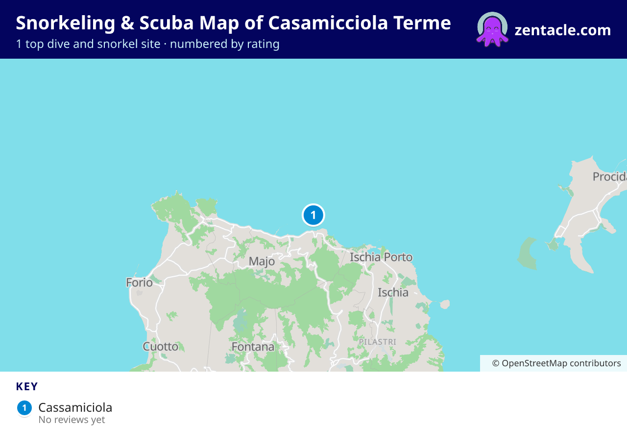 Snorkeling & Scuba Map of Casamicciola Terme: numbered map of the top 1 dive and snorkel sites, with ratings