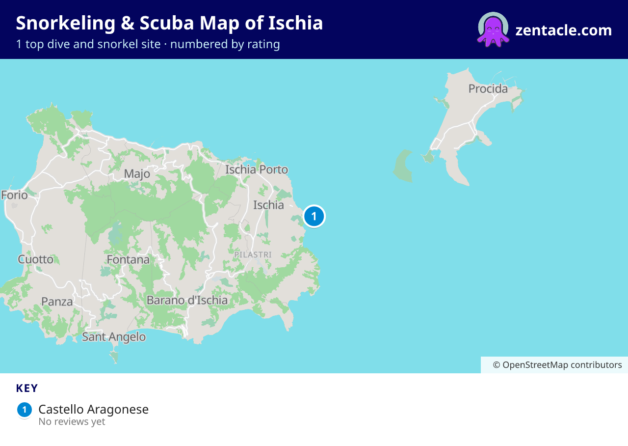 Snorkeling & Scuba Map of Ischia: numbered map of the top 1 dive and snorkel sites, with ratings
