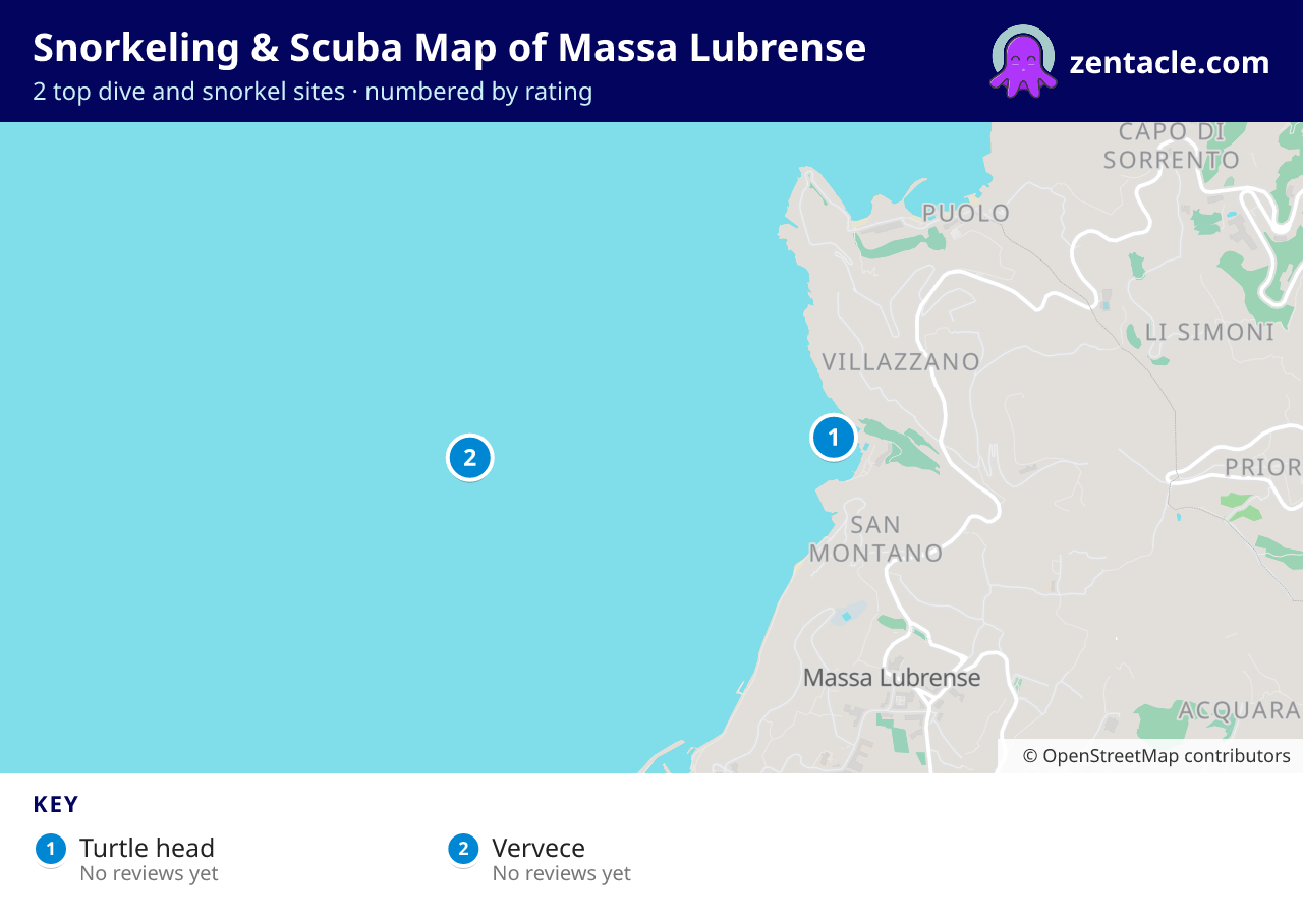 Snorkeling & Scuba Map of Massa Lubrense: numbered map of the top 2 dive and snorkel sites, with ratings