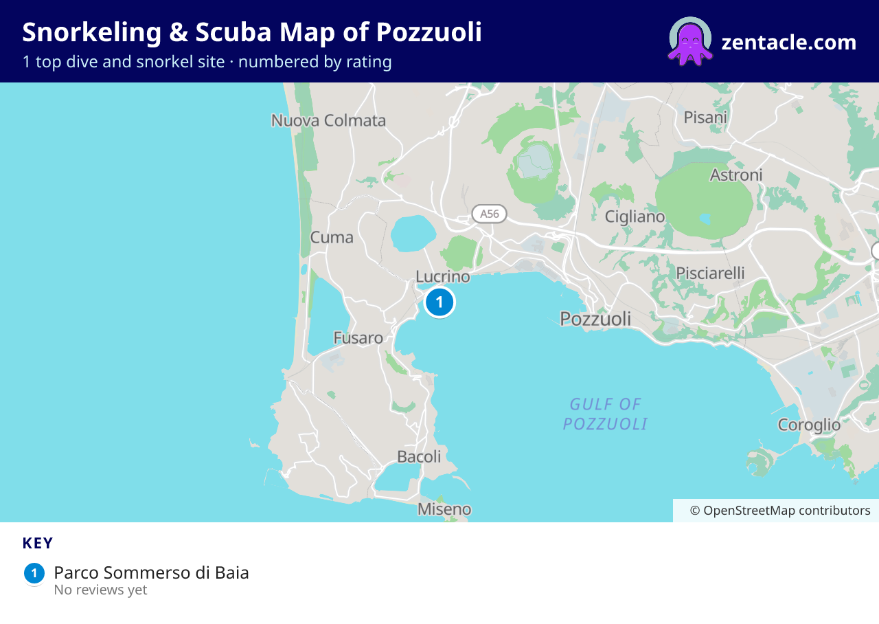 Snorkeling & Scuba Map of Pozzuoli: numbered map of the top 1 dive and snorkel sites, with ratings