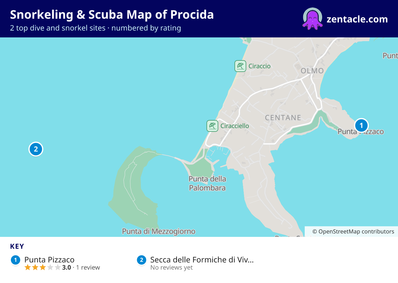 Snorkeling & Scuba Map of Procida: numbered map of the top 2 dive and snorkel sites, with ratings