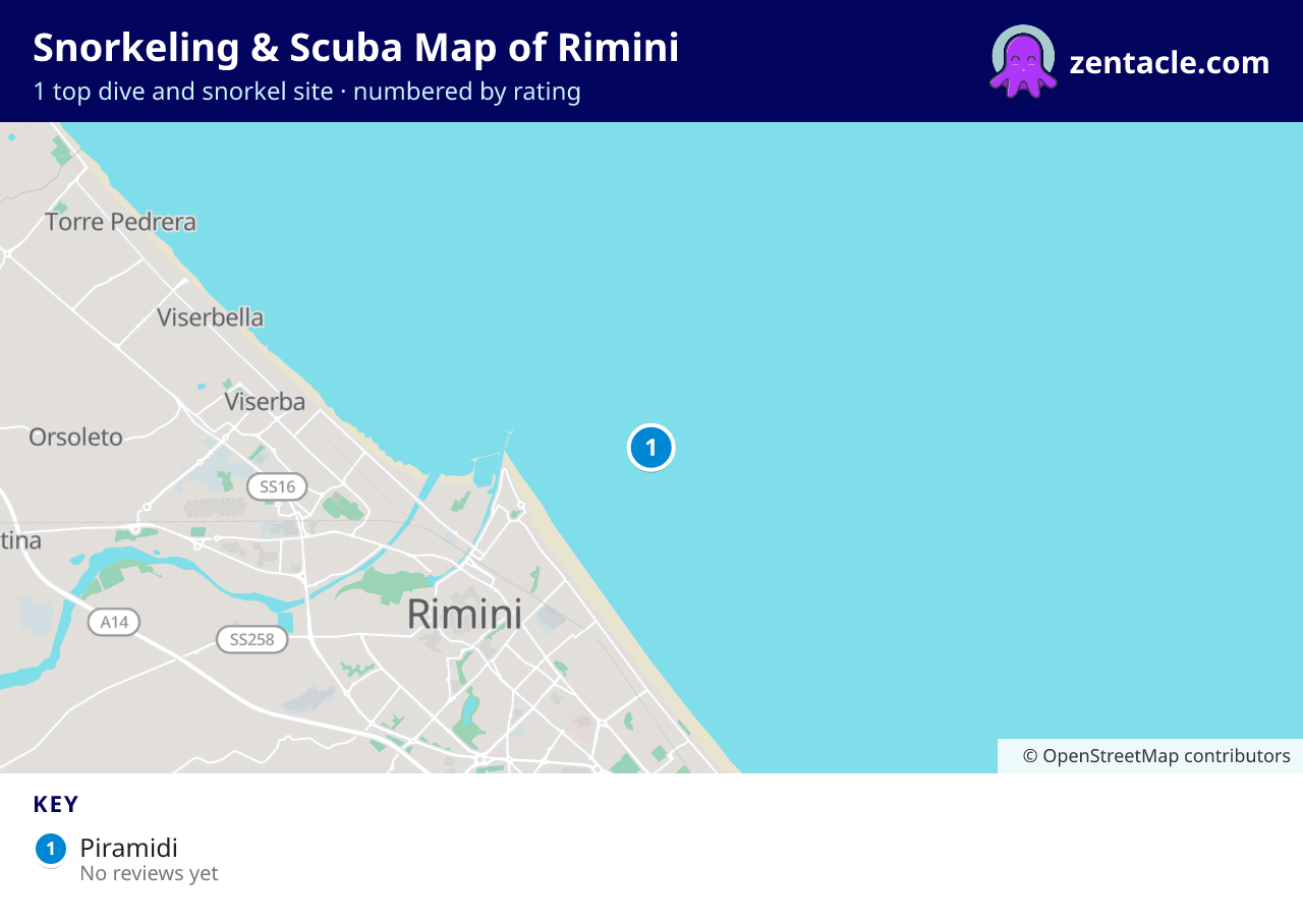 Snorkeling & Scuba Map of Rimini: numbered map of the top 1 dive and snorkel sites, with ratings
