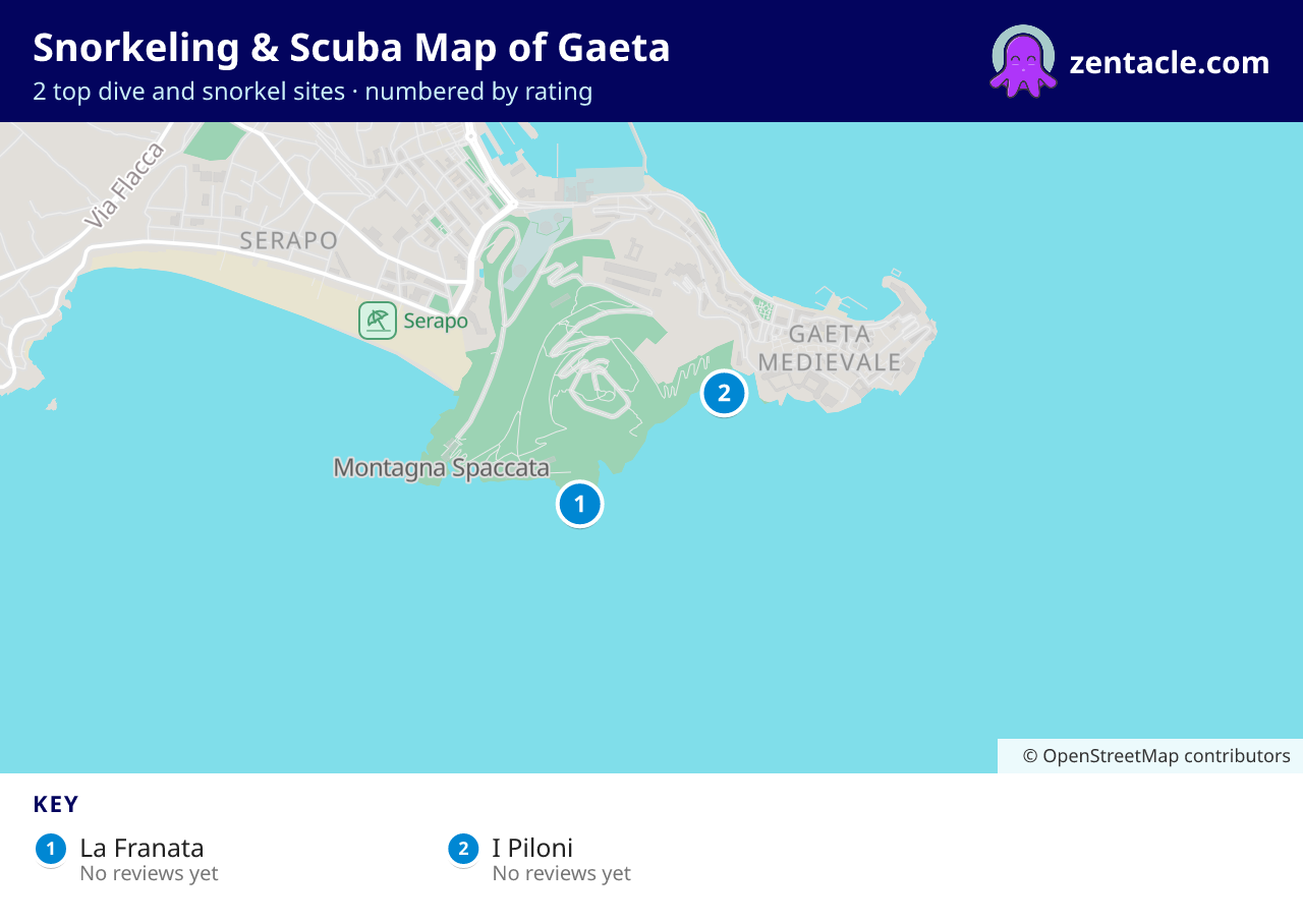 Snorkeling & Scuba Map of Gaeta: numbered map of the top 2 dive and snorkel sites, with ratings
