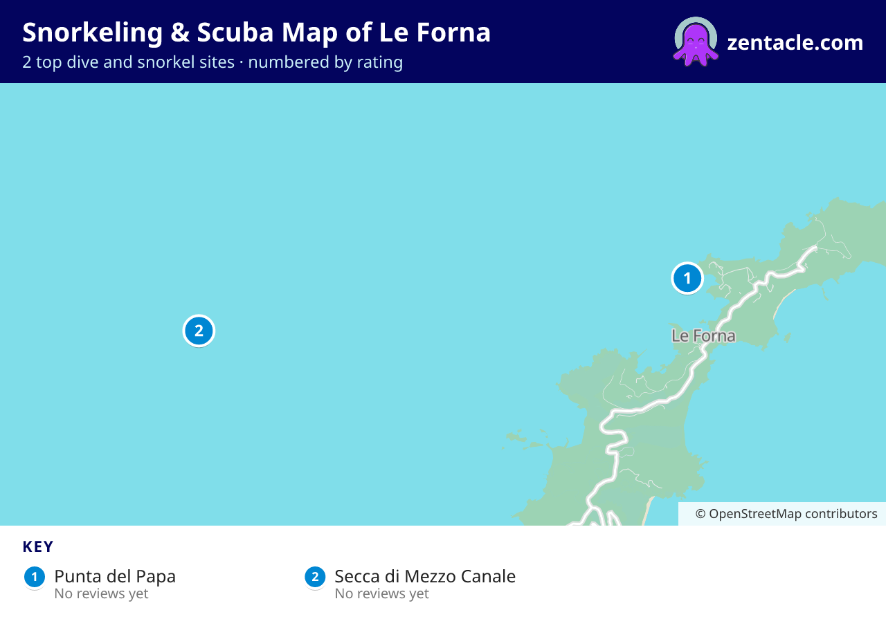 Snorkeling & Scuba Map of Le Forna: numbered map of the top 2 dive and snorkel sites, with ratings