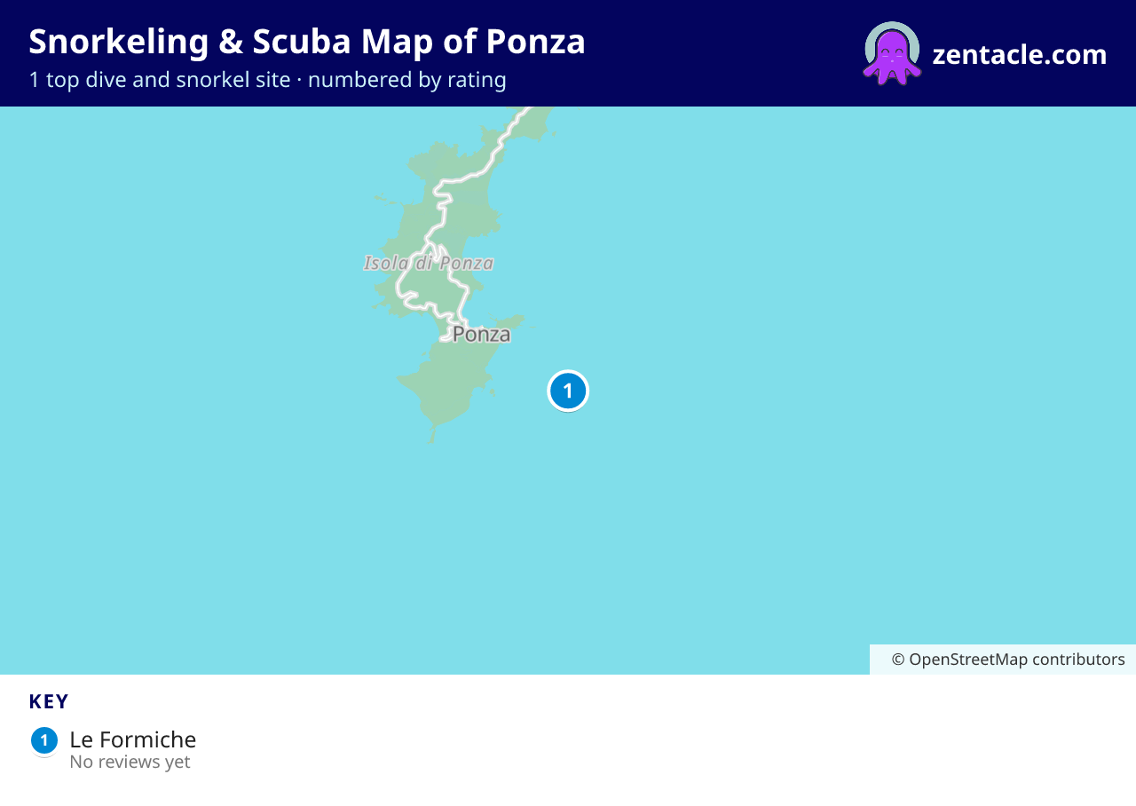Snorkeling & Scuba Map of Ponza: numbered map of the top 1 dive and snorkel sites, with ratings