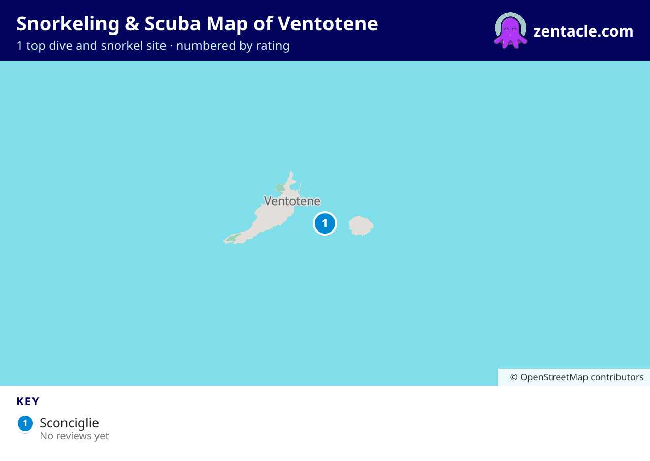 Snorkeling & Scuba Map of Ventotene: numbered map of the top 1 dive and snorkel sites, with ratings