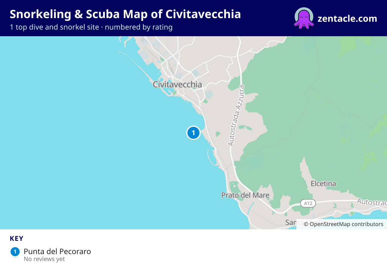Snorkeling & Scuba Map of Civitavecchia: numbered map of the top 1 dive and snorkel sites, with ratings