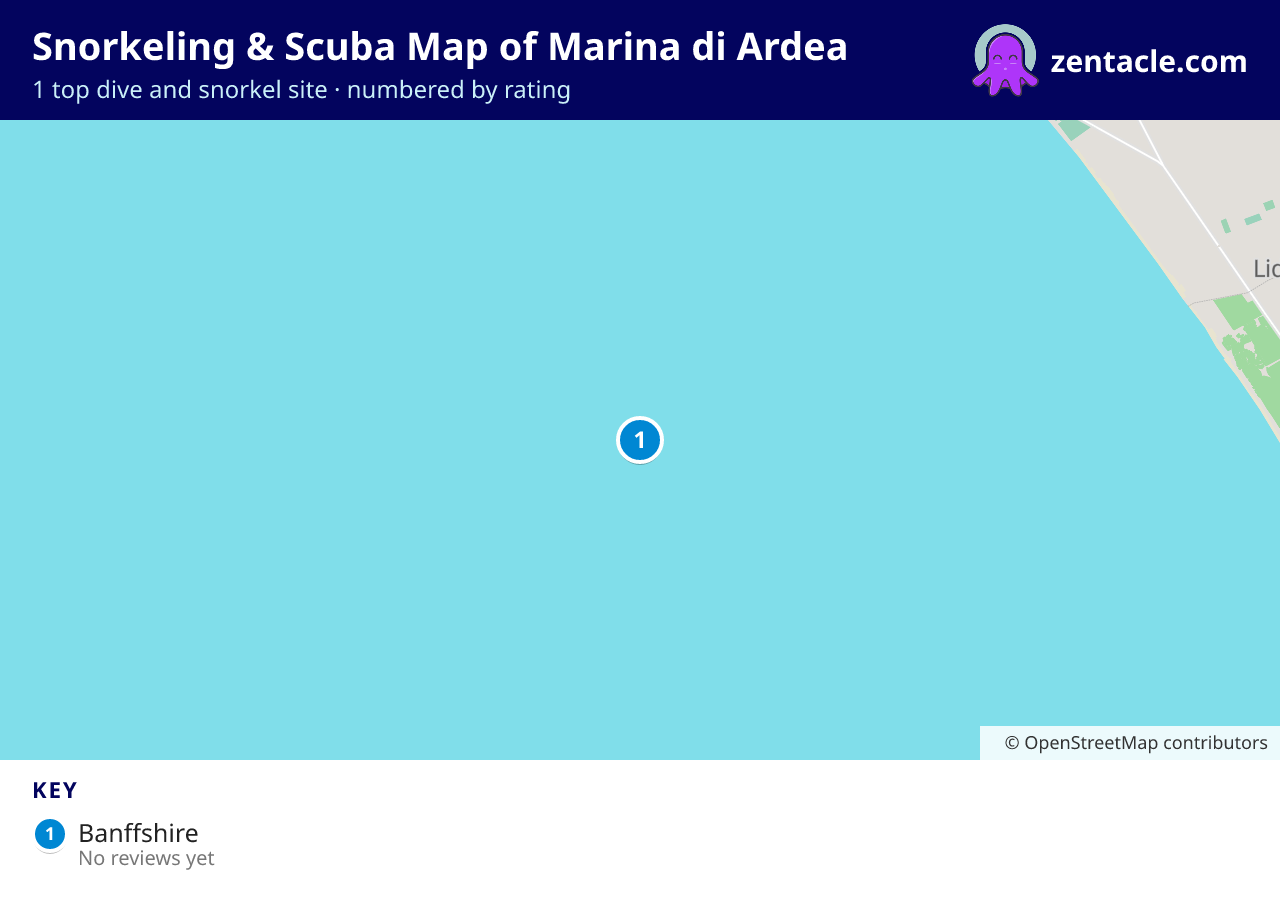 Snorkeling & Scuba Map of Marina di Ardea: numbered map of the top 1 dive and snorkel sites, with ratings