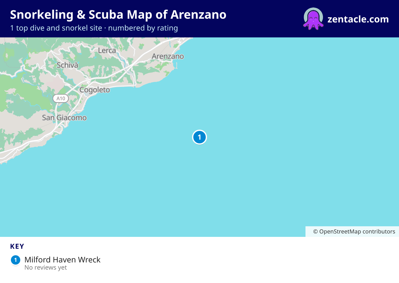 Snorkeling & Scuba Map of Arenzano: numbered map of the top 1 dive and snorkel sites, with ratings