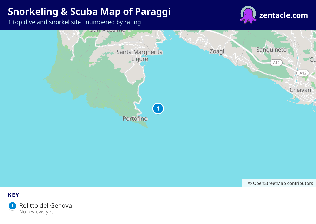 Snorkeling & Scuba Map of Paraggi: numbered map of the top 1 dive and snorkel sites, with ratings