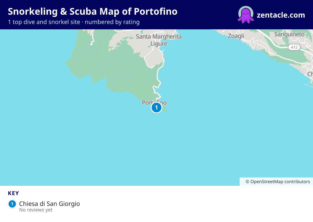 Snorkeling & Scuba Map of Portofino: numbered map of the top 1 dive and snorkel sites, with ratings