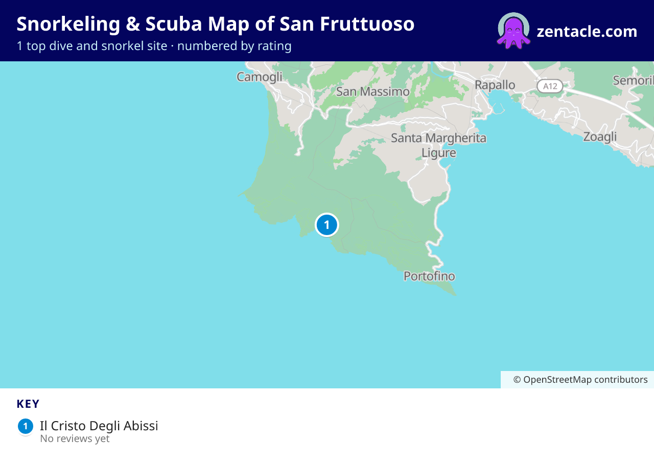 Snorkeling & Scuba Map of San Fruttuoso: numbered map of the top 1 dive and snorkel sites, with ratings