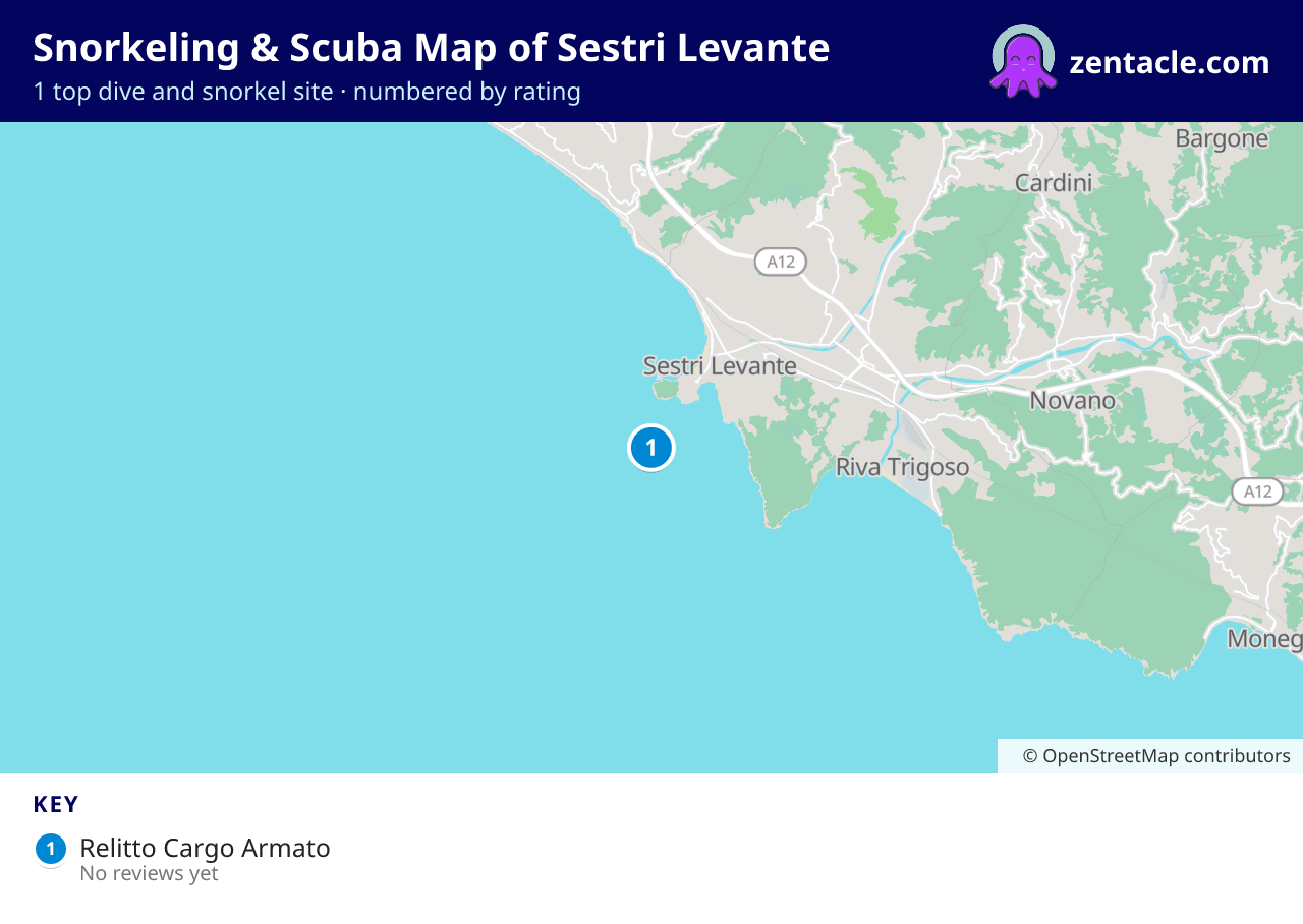 Snorkeling & Scuba Map of Sestri Levante: numbered map of the top 1 dive and snorkel sites, with ratings