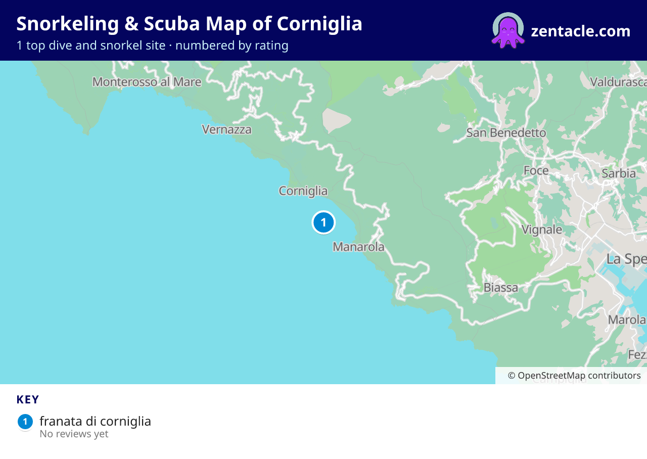 Snorkeling & Scuba Map of Corniglia: numbered map of the top 1 dive and snorkel sites, with ratings