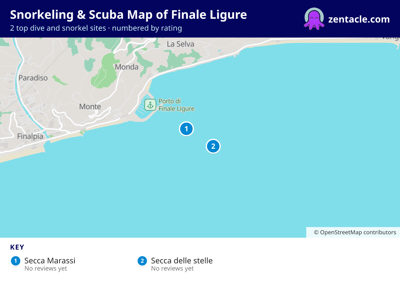 Snorkeling & Scuba Map of Finale Ligure: numbered map of the top 2 dive and snorkel sites, with ratings