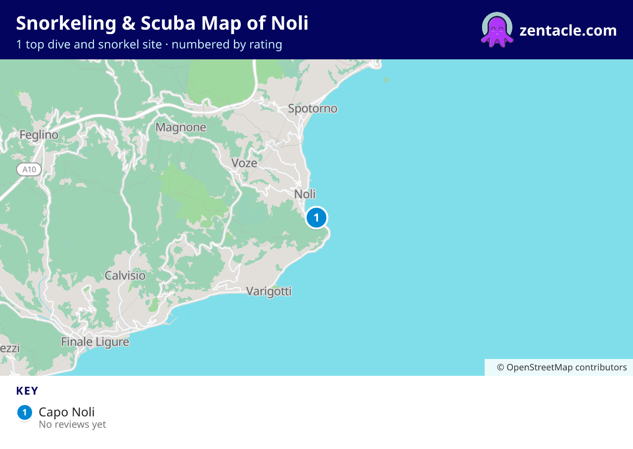 Snorkeling & Scuba Map of Noli: numbered map of the top 1 dive and snorkel sites, with ratings
