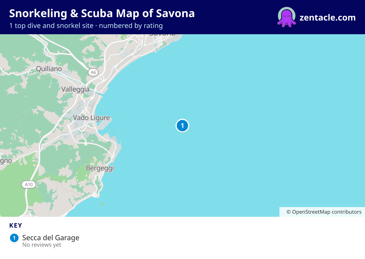 Snorkeling & Scuba Map of Savona: numbered map of the top 1 dive and snorkel sites, with ratings
