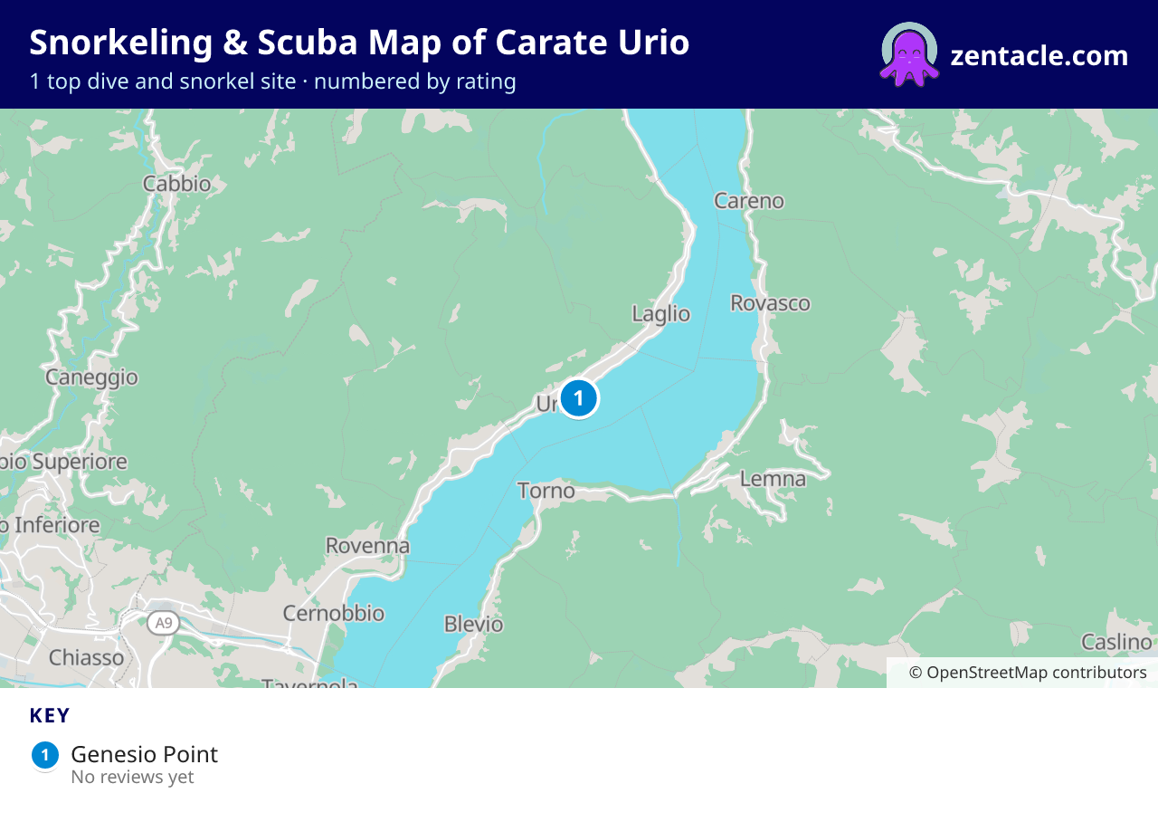 Snorkeling & Scuba Map of Carate Urio: numbered map of the top 1 dive and snorkel sites, with ratings