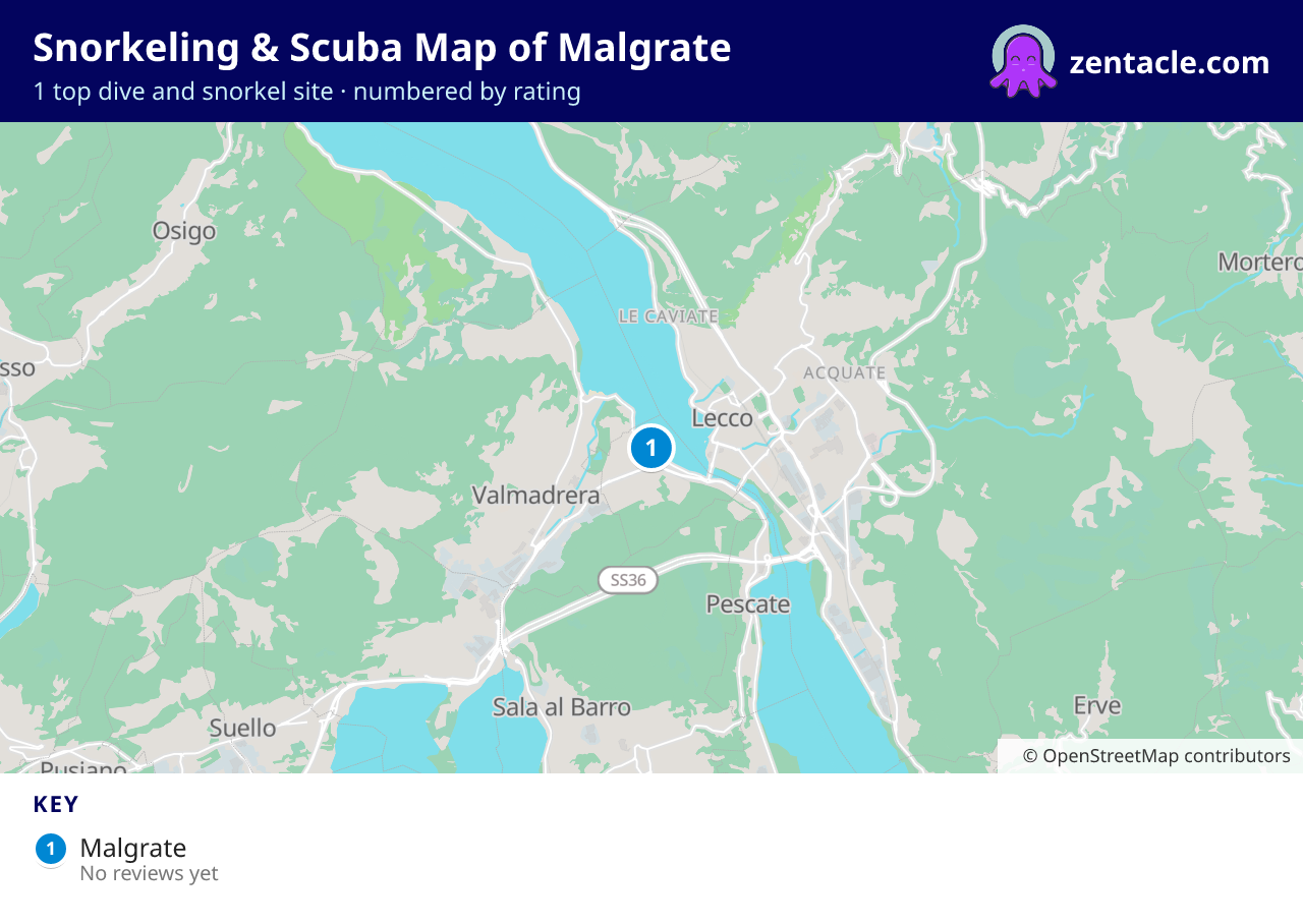 Snorkeling & Scuba Map of Malgrate: numbered map of the top 1 dive and snorkel sites, with ratings