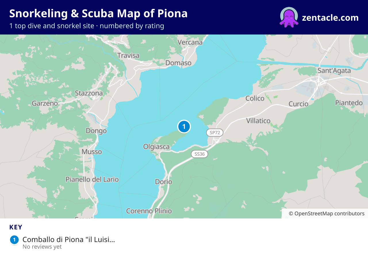 Snorkeling & Scuba Map of Piona: numbered map of the top 1 dive and snorkel sites, with ratings