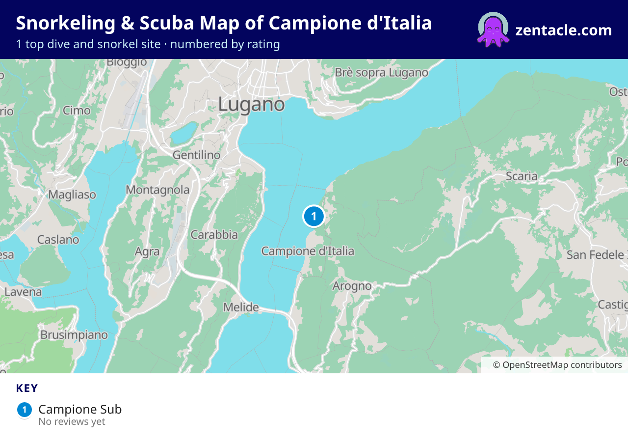 Snorkeling & Scuba Map of Campione d'Italia: numbered map of the top 1 dive and snorkel sites, with ratings