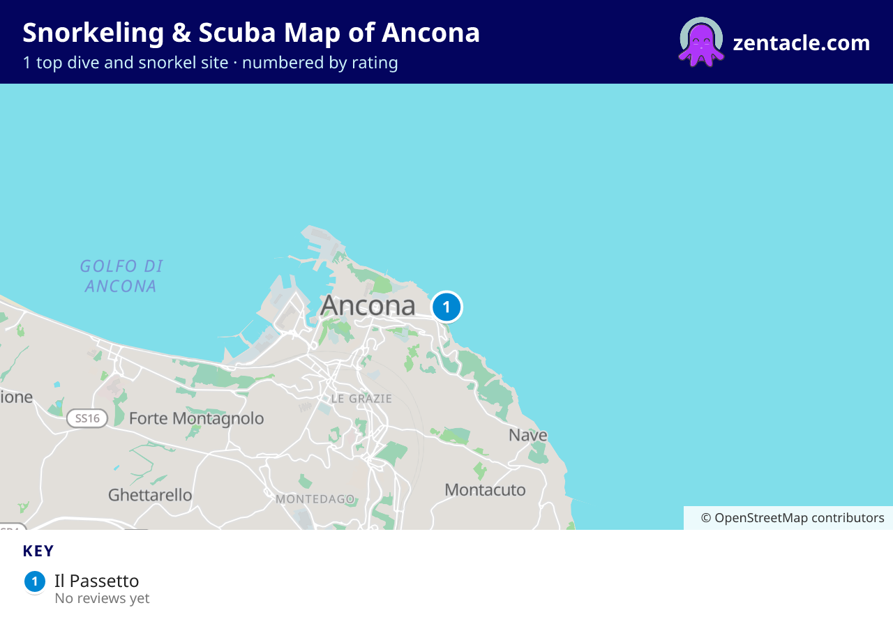 Snorkeling & Scuba Map of Ancona: numbered map of the top 1 dive and snorkel sites, with ratings