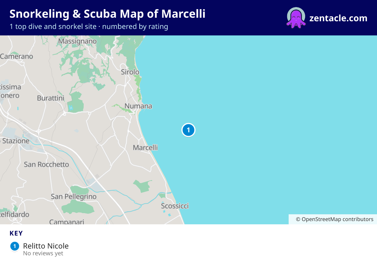 Snorkeling & Scuba Map of Marcelli: numbered map of the top 1 dive and snorkel sites, with ratings