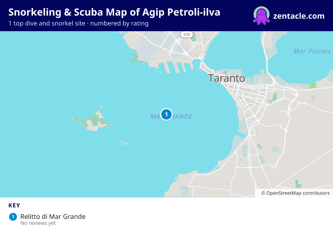 Snorkeling & Scuba Map of Agip Petroli-ilva: numbered map of the top 1 dive and snorkel sites, with ratings
