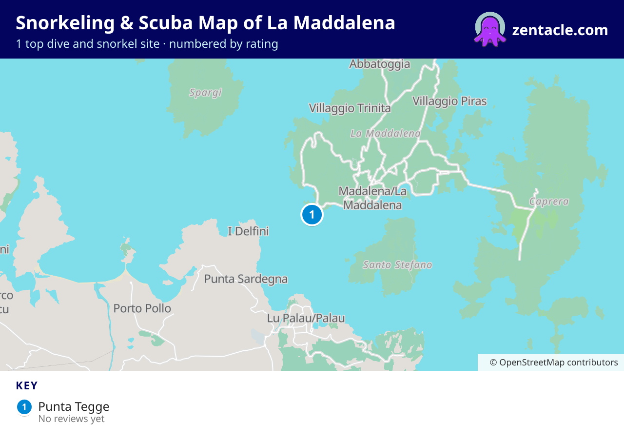 Snorkeling & Scuba Map of La Maddalena: numbered map of the top 1 dive and snorkel sites, with ratings