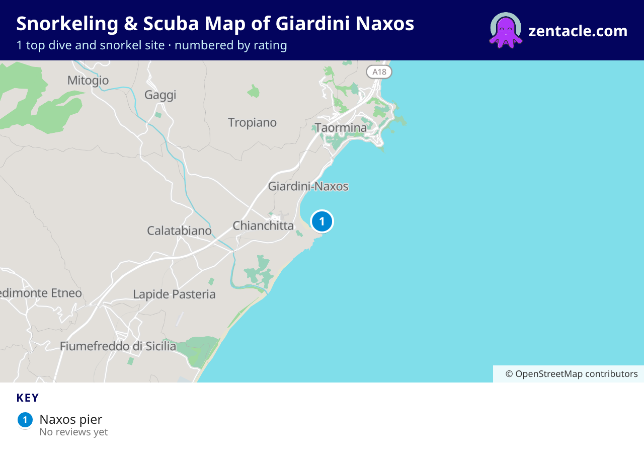 Snorkeling & Scuba Map of Giardini Naxos: numbered map of the top 1 dive and snorkel sites, with ratings