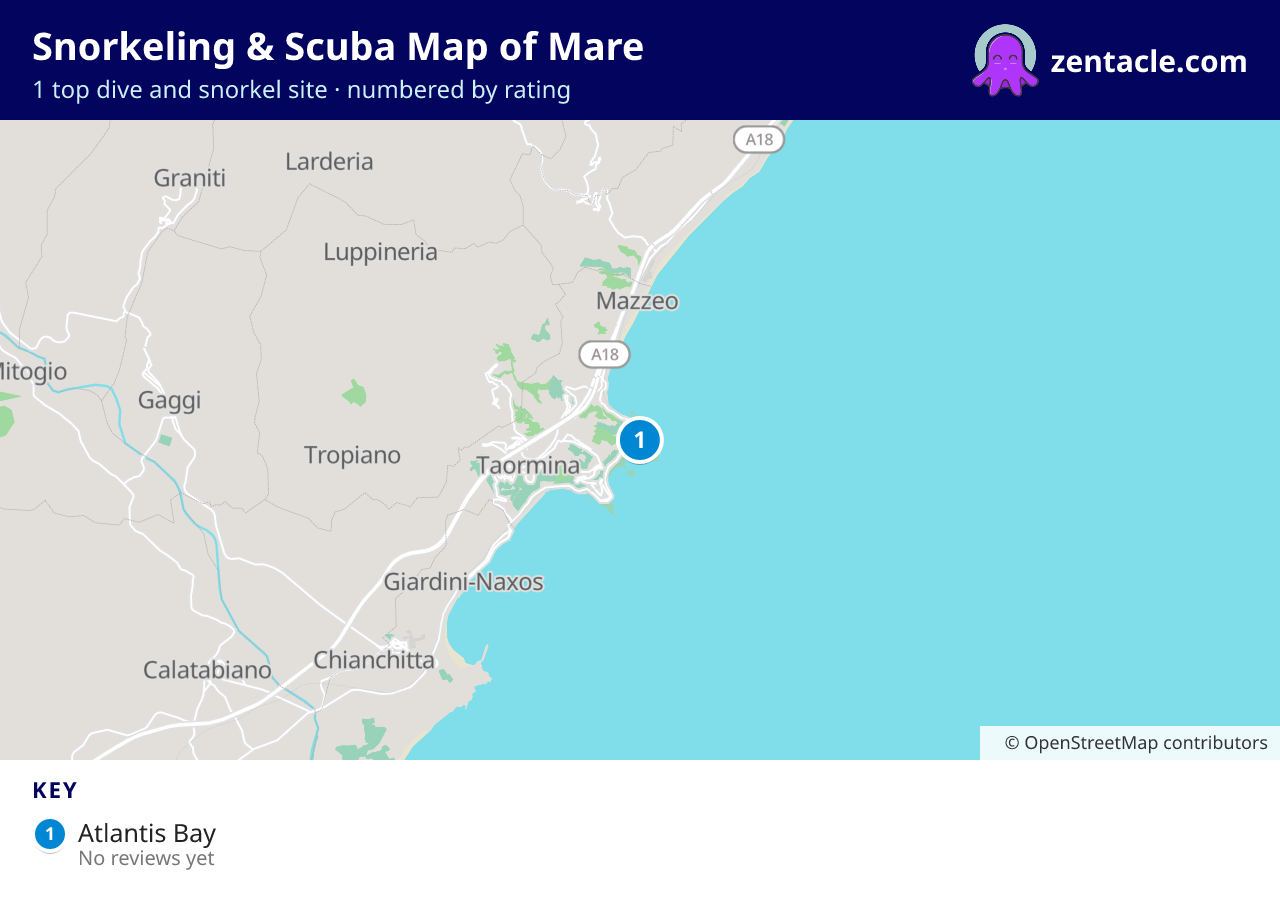Snorkeling & Scuba Map of Mare: numbered map of the top 1 dive and snorkel sites, with ratings