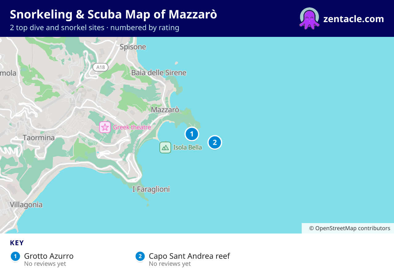 Snorkeling & Scuba Map of Mazzarò: numbered map of the top 2 dive and snorkel sites, with ratings