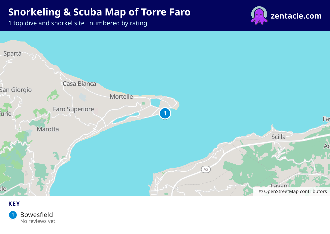 Snorkeling & Scuba Map of Torre Faro: numbered map of the top 1 dive and snorkel sites, with ratings