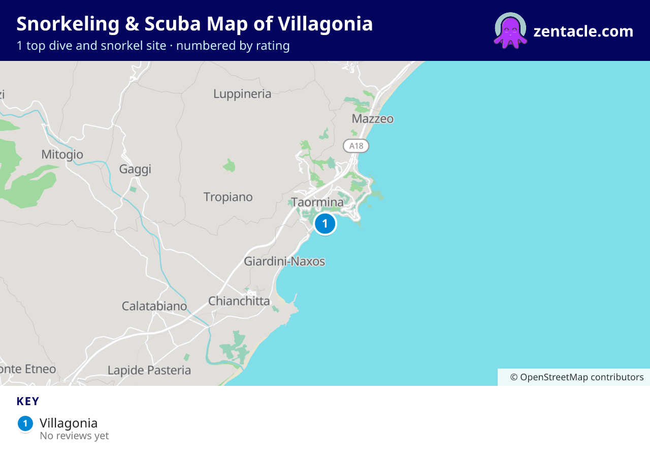 Snorkeling & Scuba Map of Villagonia: numbered map of the top 1 dive and snorkel sites, with ratings