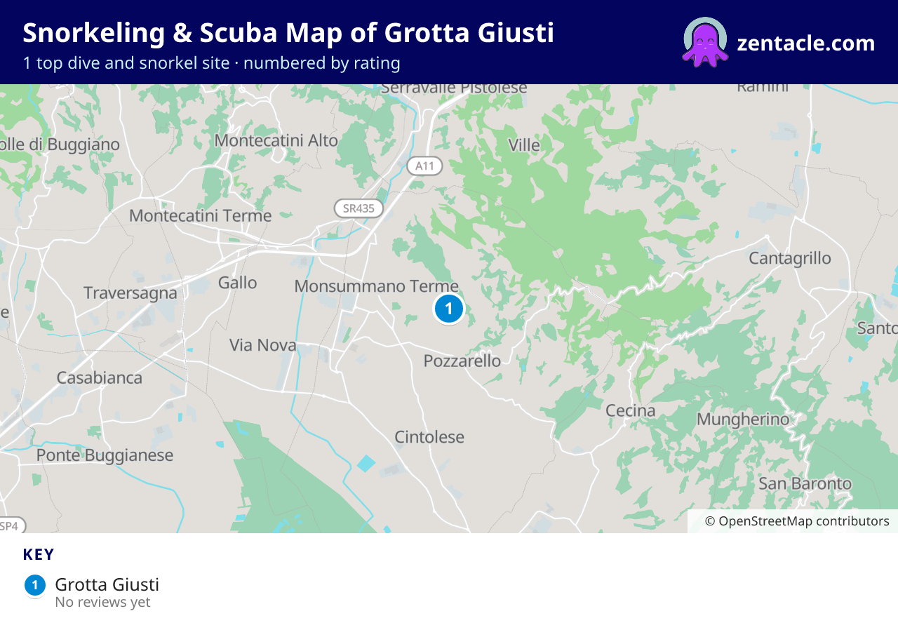 Snorkeling & Scuba Map of Grotta Giusti: numbered map of the top 1 dive and snorkel sites, with ratings