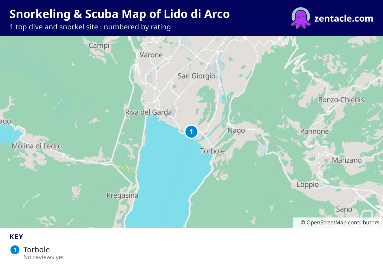 Snorkeling & Scuba Map of Lido di Arco: numbered map of the top 1 dive and snorkel sites, with ratings