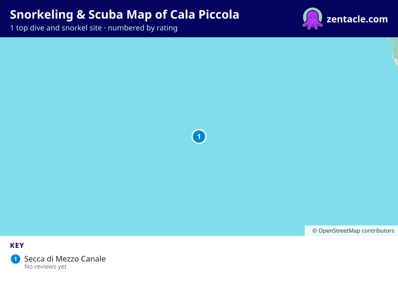 Snorkeling & Scuba Map of Cala Piccola: numbered map of the top 1 dive and snorkel sites, with ratings